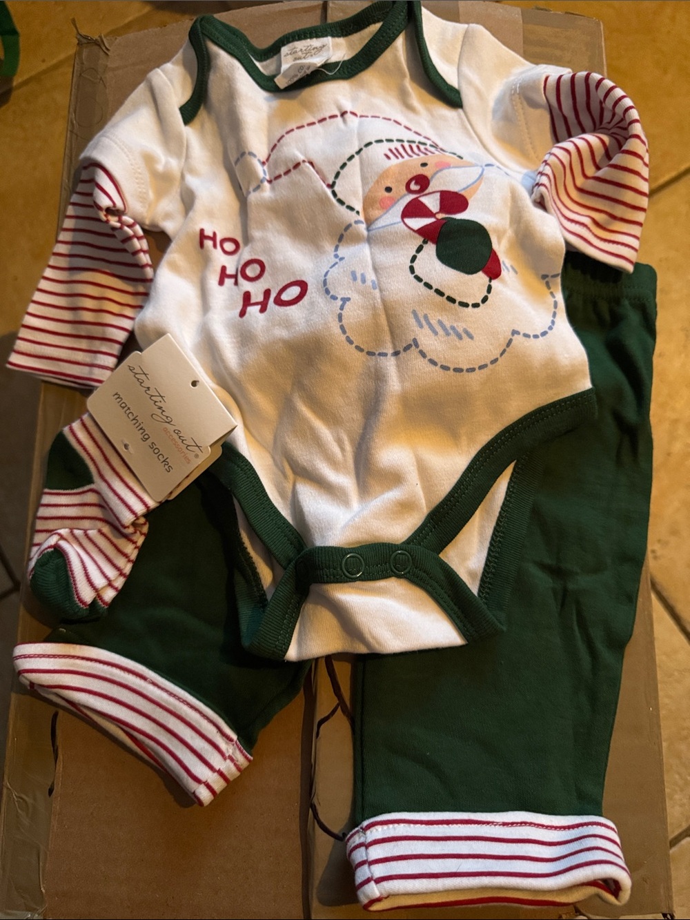 Starting Out 4 piece White & Green Santa Set with Red Accents